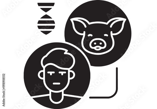 Genetic engineering icon showing human profile and pig face with DNA symbol, black and white line art for biotechnology, cloning, genome editing, research concept