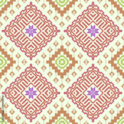 Geometric folklore ornament with rhombuses. Tribal ethnic vector texture. Seamless striped pattern in Aztec style. Figure tribal embroidery. Indian, Scandinavian, Gypsy, Mexican, folk pattern.