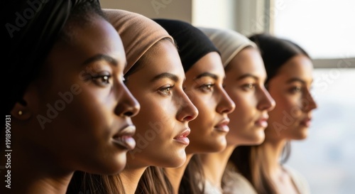 Diverse group of women standing in a row, looking forward with determination.