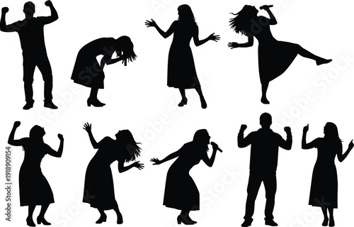 Black silhouettes of men and women singing and dancing, diverse music performers set, pop artists on stage, isolated white background.