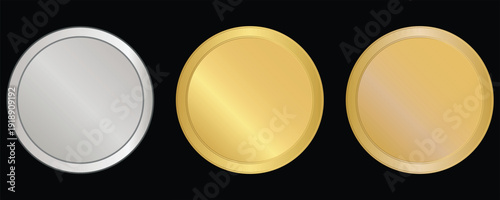 Gold silver and bronze blank medal award 3d icon on black background, Metal button realistic design, Quality badge sign.