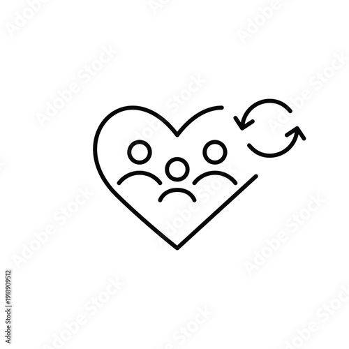 Family of three in heart and renew arrows. insurance update, home refresh, household renewal. Pixel perfect, editable stroke vector icon