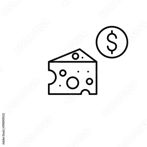 Cheese block and dollar sign. Food product cost, dairy purchase payment, grocery expenses. Pixel perfect, editable stroke vector icon