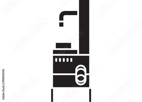 Stove wood burning icon with chimney pipe and firebox door, minimalist black silhouette pictogram for heating, cabin fireplace, winter home energy symbol