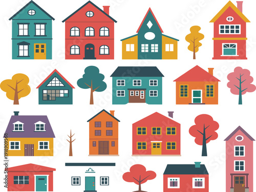 Set of colorful house vectors with trees, residential building icon set