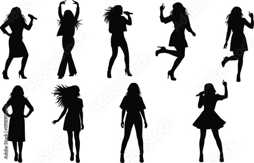 Black silhouettes of women singing and dancing, female performers with microphones, pop music artists, dance set on isolated white background.