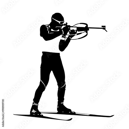 Black and White Biathlon Silhouette Vector on White Background, Winter Olympics Ski Shooting Sport Illustration