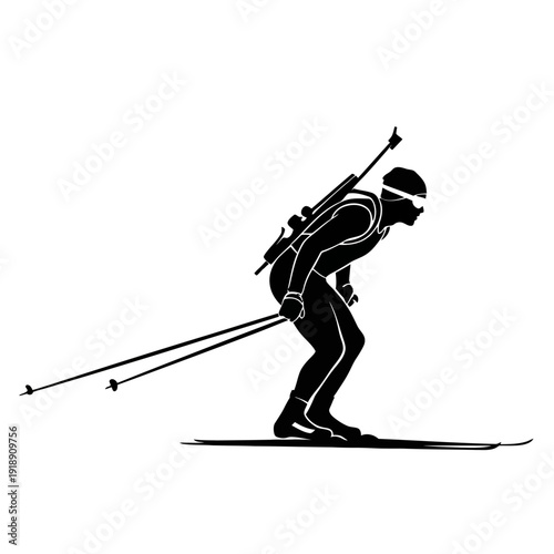 Black and White Biathlon Silhouette Vector on White Background, Winter Olympics Ski Shooting Sport Illustration