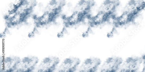 Abstract blue sky background with fluffy white clouds and snow covered branches in bright daylight.