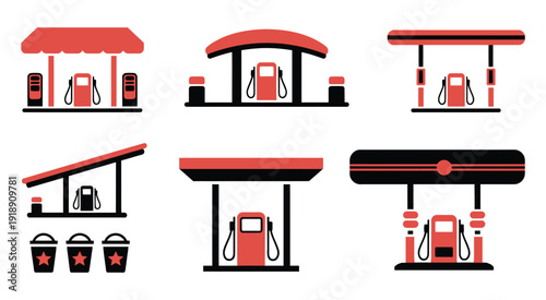 Gas Station Icons, minimalist red and black vector illustrations showing different fuel pumps, canopies, and refueling station designs for transportation and energy concepts.