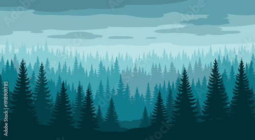 Serene Vector Illustration of a Gradient-Colored Forest Landscape with Coniferous Trees in Soft Blues and Greens