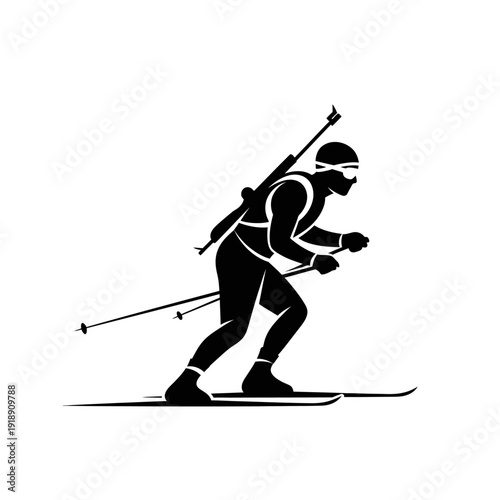 Black and White Biathlon Silhouette Vector on White Background, Winter Olympics Ski Shooting Sport Illustration