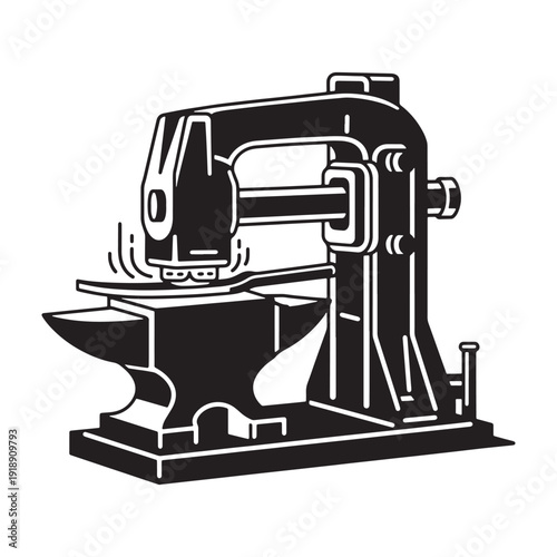 Vector illustration of industrial power hammer on anvil, black and white, isolated on transparent background, png