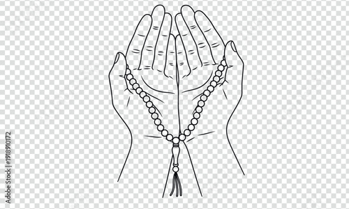 Prayer hands holding a rosary with a transparent background