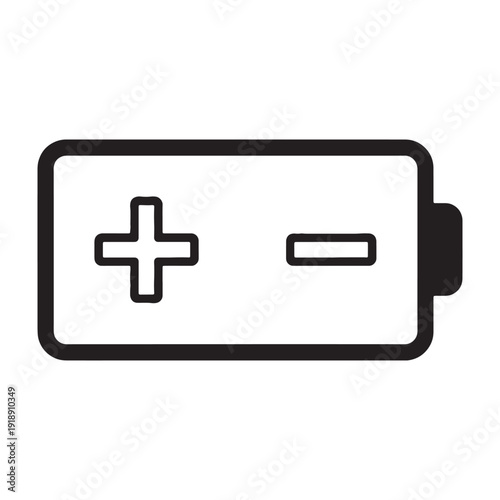 Vector battery icon, plus and minus signs, simple black outline, isolated on transparent background, png