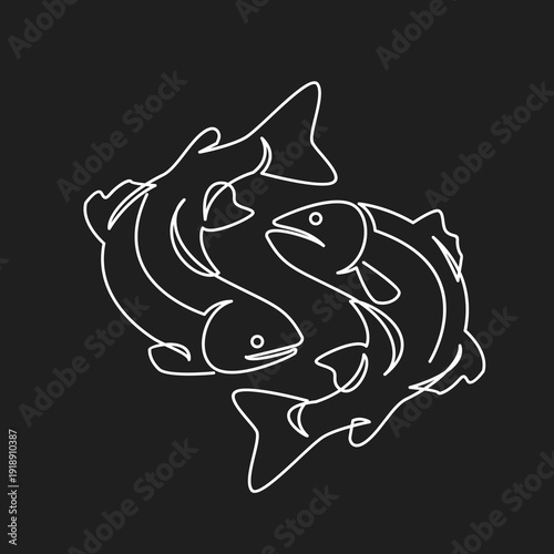 Minimalist Continuous Line Art Illustration of Two Fish Intertwined in a Circular Pattern on a Black Background