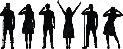 Diverse set of black silhouettes of people jumping singing dancing and performing energetically on stage isolated on white background design.