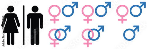 Male and Female Gender Icons, vector illustrations of man and woman symbols, arrow signs, and marriage couple design