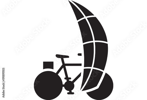 Bicycle icon with large sail like wing for wind powered transportation concept, minimal black silhouette pictogram isolated on white background for eco mobility design
