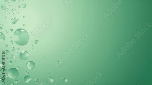 Close-up view of clear water droplets and bubbles against a smooth gradient green background, creating a fresh and clean abstract design.