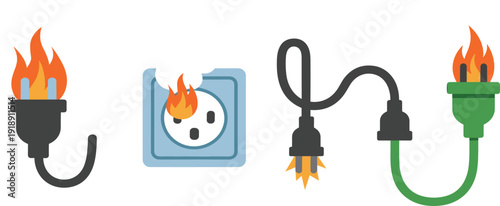 Set of electrical fire hazard icons, burning power plugs and socket
