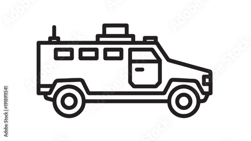 Armored vehicle line icon with military patrol truck silhouette, tactical transport outline, security convoy concept, off-road defense car symbol isolated
