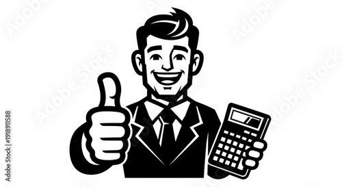 Businessman holding calculator and giving thumbs up.