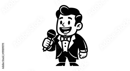Cartoon Man Holding Microphone in Tuxedo.