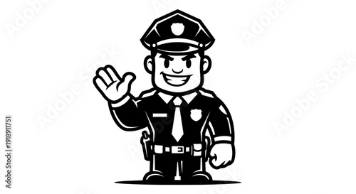Cartoon Police Officer Waving Hand Illustration.