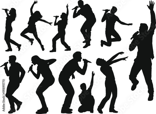Energetic singer silhouettes performing live on stage, dynamic music concert performers, microphone poses, black isolated figures collection illustration