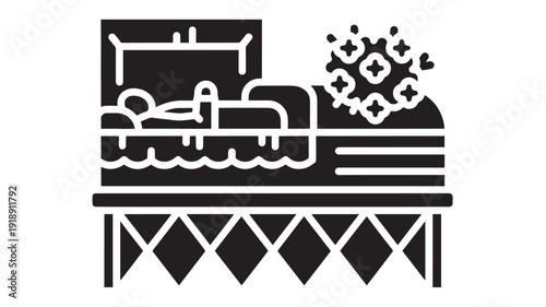 Mattress bed icon with cozy bedroom scene, pillows and blanket, floral decor on bedside, minimalist black glyph pictogram for sleep, hotel, home interior design