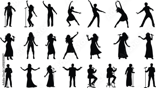 Large collection of black silhouettes featuring diverse men and women singing, dancing, and playing musical instruments on isolated white background.