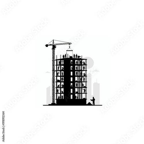 Construction site silhouette of a high-rise building with crane and workers, professional engineering and architectural development concept, black and white vector illustration.