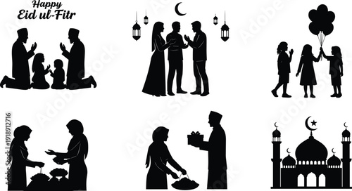 Happy Eid ul-Fitr silhouette illustration, Islamic culture vector art, mosque prayer family greeting food gift festive celebration design tradition