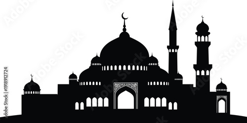Islamic mosque silhouette illustration, crescent moon star vector art, traditional architecture design, religious worship place, cultural heritage artwork