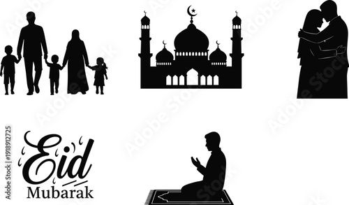 Eid Mubarak silhouette illustration, Islamic culture vector art, mosque prayer family greeting embrace festive lanterns crescent moon celebration design