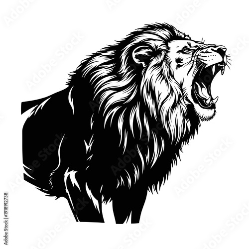 Black and white illustration of a roaring lion.