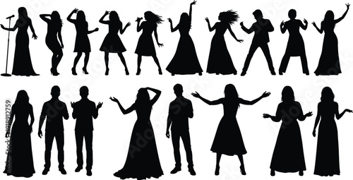 Large collection of black silhouettes of people singing dancing and standing in various poses isolated on white background for design.