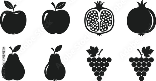 Black Silhouette Vector Set of Fresh Fruit Icons Including Apple Pear Grapes and Pomegranate for Healthy Food and Nutrition Design,