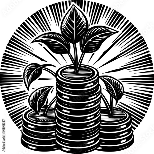 A vibrant green plant sprouts from stacked coins under warm light flares, representing financial growth, sustainable investment, passive income, and long-term wealth building in a dynamic business env