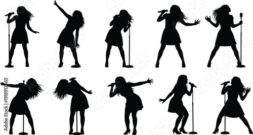 Large set of black silhouettes of female rock singers performing with microphones in various active and energetic stage poses isolated.