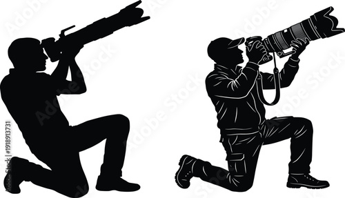 Black Silhouette and Line Art Vector of Two Professional Photographers Kneeling and Holding DSLR Cameras with Large Telephoto Lenses for Sports and Wildlife