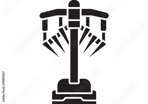 Drill press icon with rotating bit and downward force concept, solid black silhouette isolated on white, industrial tool symbol for machining, workshop, engineering