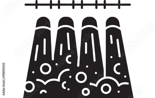 Cave stalactites icon with dripping limestone columns and rock texture, minimal black glyph silhouette for geology, spelunking, underground landscape signage