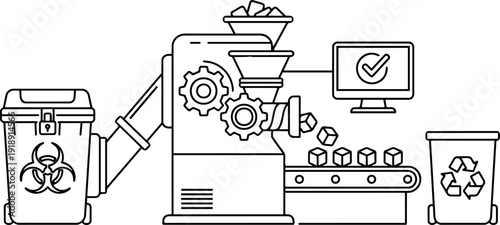 Black and white vector line art illustration of an automated medical biohazard waste recycling process featuring a disposal container, grinding machinery with gears, a conveyor belt, and a recycle bin