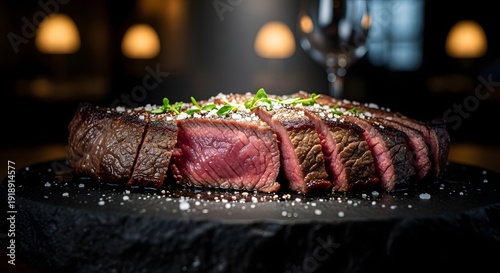 Gourmet sliced steak with sea salt and herbs in restaurant