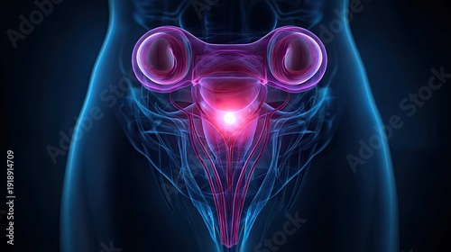Detailed Artistic Representation of Human Female Reproductive System with Emphasis on Ovaries and Uterus