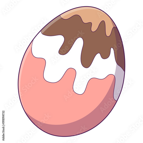 Bright pink Easter egg decorated with melted chocolate and white glaze, festive holiday design