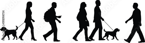 Black Silhouette Vector Set of People Walking with Dogs on Leash and Pedestrians with Backpacks for Urban Lifestyle Street Scene
