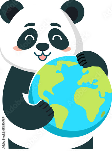 A cheerful cartoon panda tenderly embraces planet Earth, showcasing global love, environmental care, and the concept of conservation with a simple, modern, flat vector graphic in a positive,